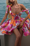 Rose Red Sexy Print Backless Strap Design Spaghetti Strap A Line Dresses