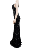Black Sexy Solid Color Hot Drill Spaghetti Strap Long Dresses