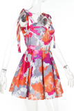 Rose Red Sexy Print Backless Strap Design Spaghetti Strap A Line Dresses