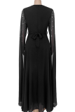 Black Elegant Solid Color Hot Drill O Neck Long Dresses