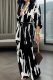 Black Casual Print Buckle Strap Design Turndown Collar Loose Jumpsuits