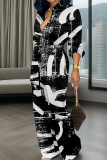 White Black Casual Print Buckle Strap Design Turndown Collar Loose Jumpsuits