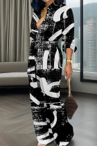 Black White Casual Print Buckle Strap Design Turndown Collar Loose Jumpsuits