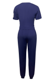 Navy Blue Casual Digital Lace Up V Neck Short Sleeve Two Pieces