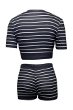 Black Casual Digital Stripe Patchwork O Neck Short Sleeve Two Pieces