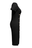 Black Sexy Solid Color Buckle Slit O Neck Wrapped Skirt Dresses