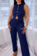 Deep Blue Casual Solid Color Buckle O Neck Sleeveless Two Pieces