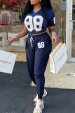 Navy Blue Casual Digital Lace Up V Neck Short Sleeve Two Pieces