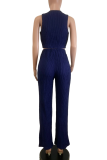Deep Blue Casual Solid Color Buckle O Neck Sleeveless Two Pieces