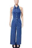 Blue Casual Solid Color Pocket Buckle Turndown Collar Loose Jumpsuits