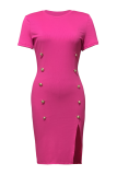 Black Sexy Solid Color Buckle Slit O Neck Wrapped Skirt Dresses