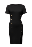 Black Sexy Solid Color Buckle Slit O Neck Wrapped Skirt Dresses