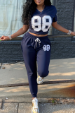 Navy Blue Casual Digital Lace Up V Neck Short Sleeve Two Pieces