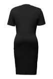 Black Sexy Solid Color Buckle Slit O Neck Wrapped Skirt Dresses