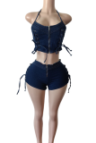 Blue Sexy Solid Color Cross Straps Spaghetti Strap Sleeveless Two Pieces