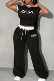 Black Casual Letters Contrast O Neck Short Sleeve Two Pieces