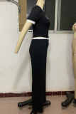 Black Casual Letters Contrast O Neck Short Sleeve Two Pieces