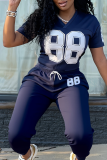 Navy Blue Casual Digital Lace Up V Neck Short Sleeve Two Pieces