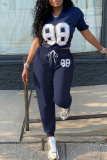 Navy Blue Casual Digital Lace Up V Neck Short Sleeve Two Pieces