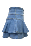 Blue Sexy Solid Color Buckle Loose Denim Skirts