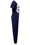 Navy Blue Casual Digital Lace Up V Neck Short Sleeve Two Pieces