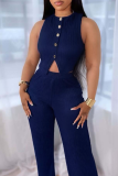 Deep Blue Casual Solid Color Buckle O Neck Sleeveless Two Pieces
