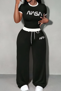 Black Casual Letters Contrast O Neck Short Sleeve Two Pieces