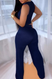 Deep Blue Casual Solid Color Buckle O Neck Sleeveless Two Pieces