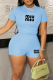 Blue Casual Letters O Neck Short Sleeve Two Pieces