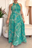 Green Casual Vacation Print O Neck Long Dresses