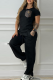 Black Casual Letters Pocket O Neck Short Sleeve Two Pieces