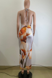 Apricot Elegant Print Backless Spaghetti Strap Long Dresses