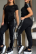 Black Casual Letters O Neck Short Sleeve Two Pieces