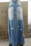 Blue Sexy Solid Color Ripped Slit Patchwork Bottoms
