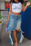 Blue Sexy Solid Color Ripped Slit Patchwork Bottoms