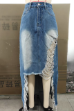 Blue Sexy Solid Color Ripped Slit Patchwork Bottoms