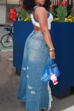 Blue Sexy Solid Color Ripped Slit Patchwork Bottoms