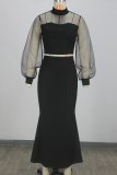 Black Elegant Solid Color See-Through Half A Turtleneck Long Sleeve Two Pieces