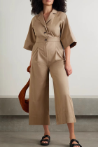 Khaki Casual Solid Color Buckle Turndown Collar Loose Jumpsuits
