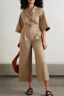 Khaki Casual Solid Color Buckle Turndown Collar Loose Jumpsuits