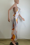 Apricot Elegant Print Backless Spaghetti Strap Long Dresses