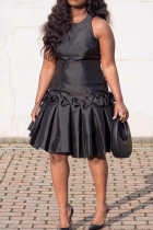 Black Casual Solid Color Stringy Selvedge O Neck Long Dresses