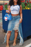 Blue Sexy Solid Color Ripped Slit Patchwork Bottoms