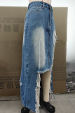 Blue Sexy Solid Color Ripped Slit Patchwork Bottoms