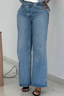 Blue Casual Solid Color Mid Waist Straight Denim Jeans