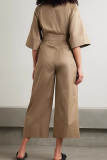 Khaki Casual Solid Color Buckle Turndown Collar Loose Jumpsuits