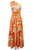 Tangerine Red Casual Print Pocket Oblique Collar Long Dresses
