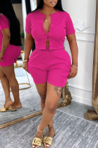 Rose Red Casual Solid Color Buckle O Neck Short Sleeve Two Pieces