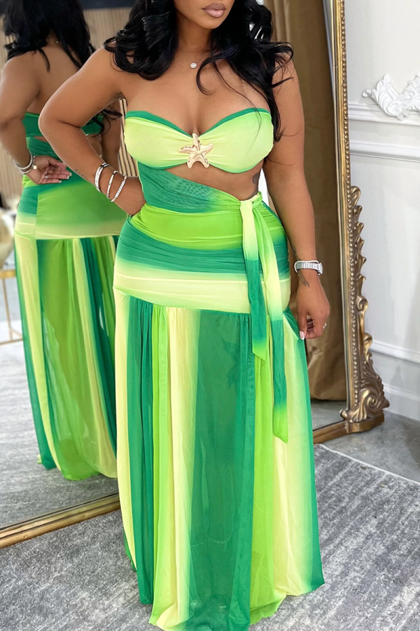 Green Sexy Stripe Hollow Out Strapless Sleeveless Two Pieces