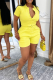 Yellow Casual Solid Color Buckle O Neck Short Sleeve Two Pieces
